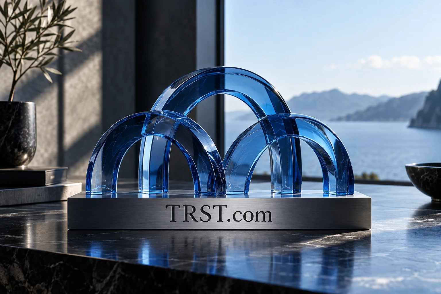 TRST.com branded business materials arranged with glass and metal